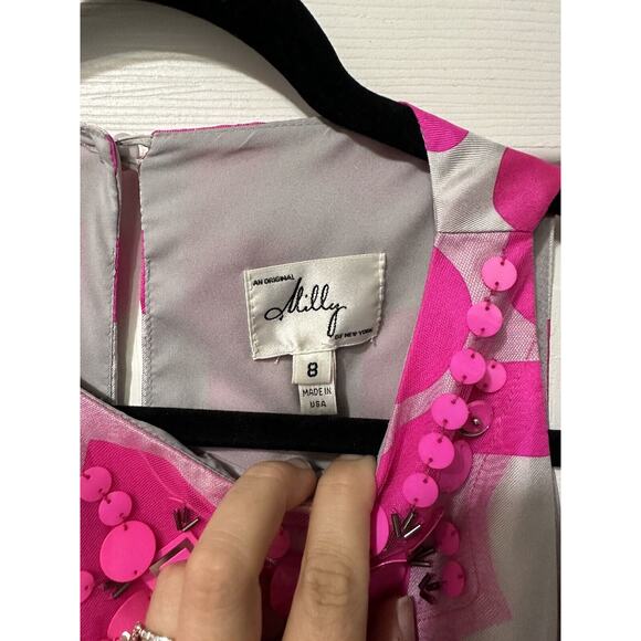 Milly of NY Color Block Geometric Fushia Pink Gray Sequins Mesh Silk Sz 8 Dress - Picture 3 of 7